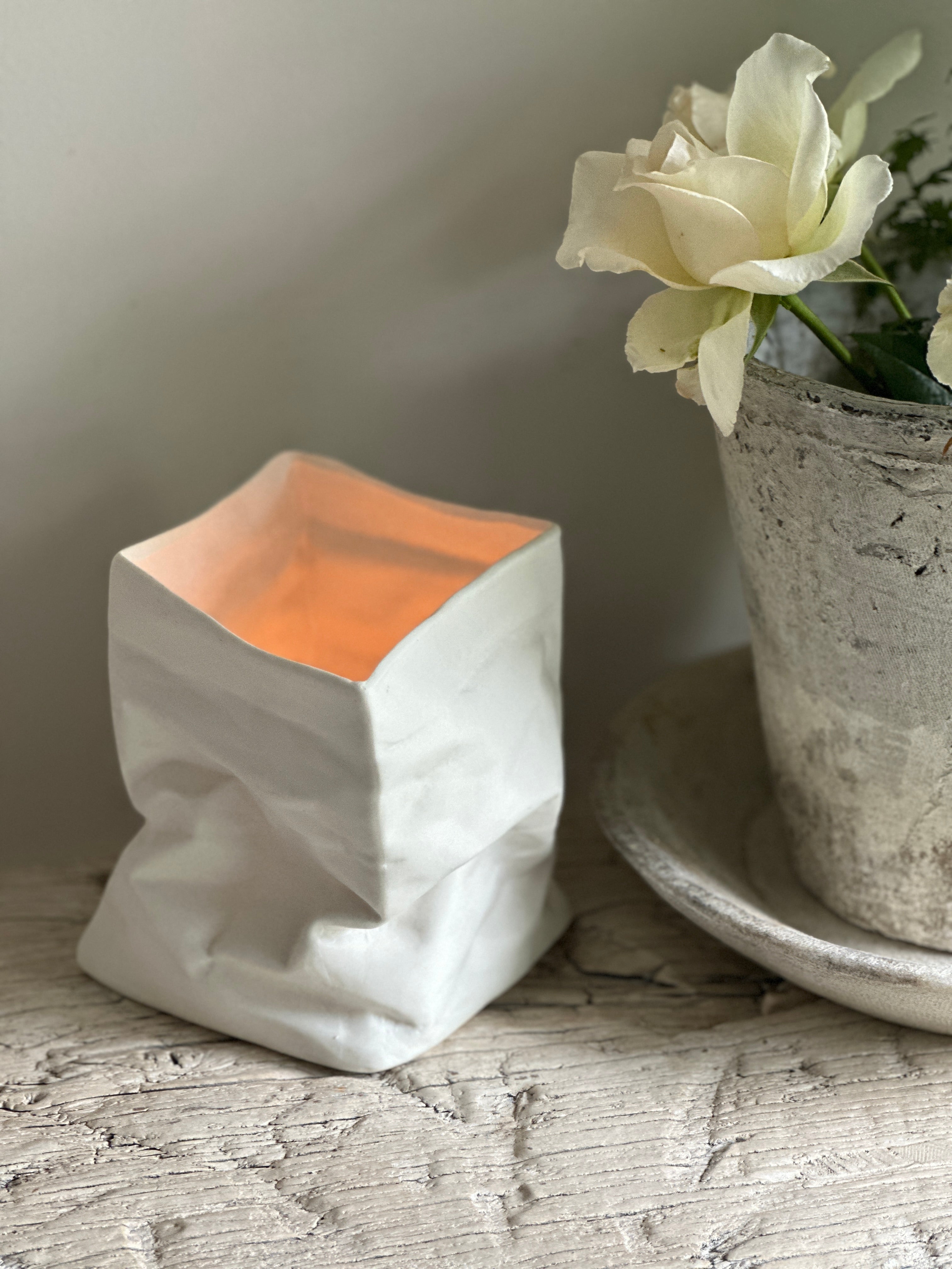 Porcelain Paper Bag Vase & Tea Light Large